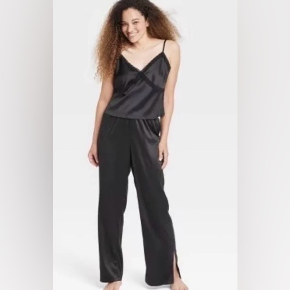 Black Satin Cami & Wide-Leg Lounge Set